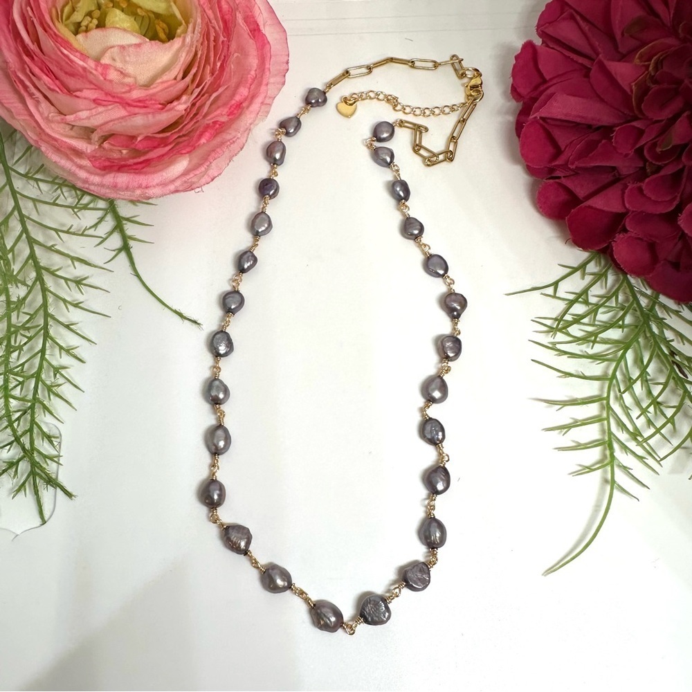 NEW⚜️Gray Freshwater Pearl Chain Link Necklace - Picture 3 of 7